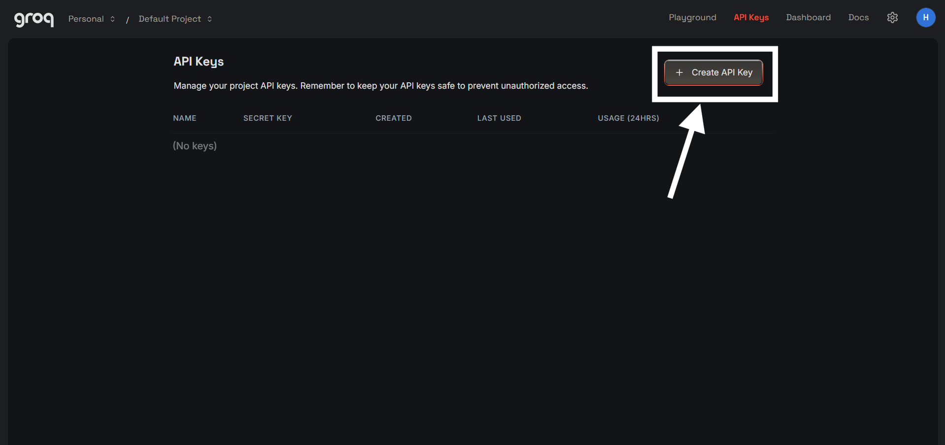 Create API key button